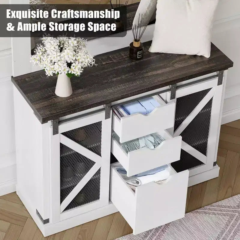 Meuble d'entrée avec banc, rangements à chaussures, 7 patères, 3 tiroirs et double miroir, Blanc