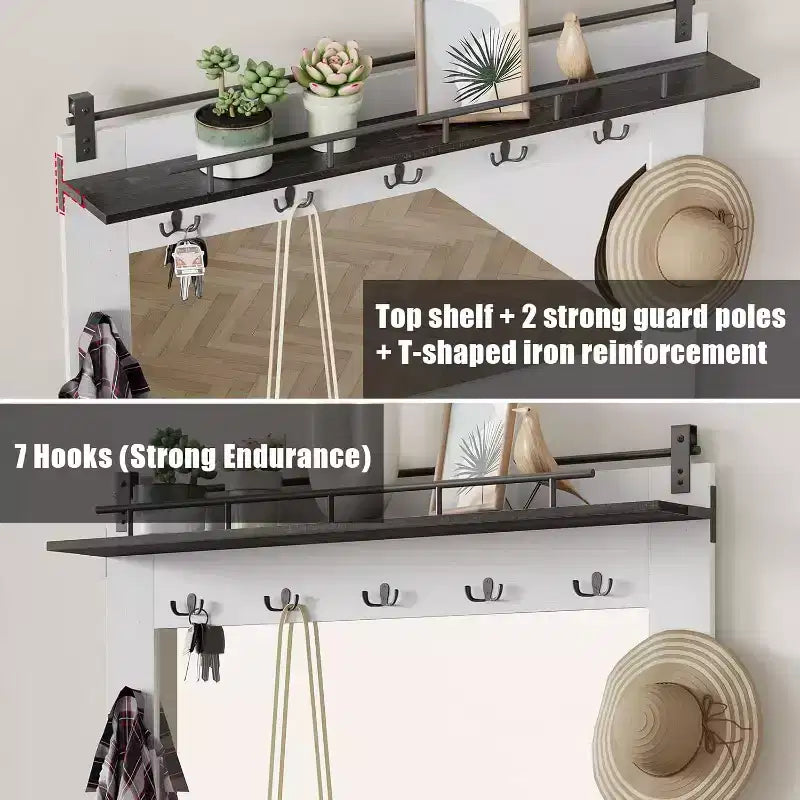Meuble d'entrée avec banc, rangements à chaussures, 7 patères, 3 tiroirs et double miroir, Blanc