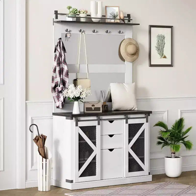 Meuble d'entrée avec banc, rangements à chaussures, 7 patères, 3 tiroirs et double miroir, Blanc