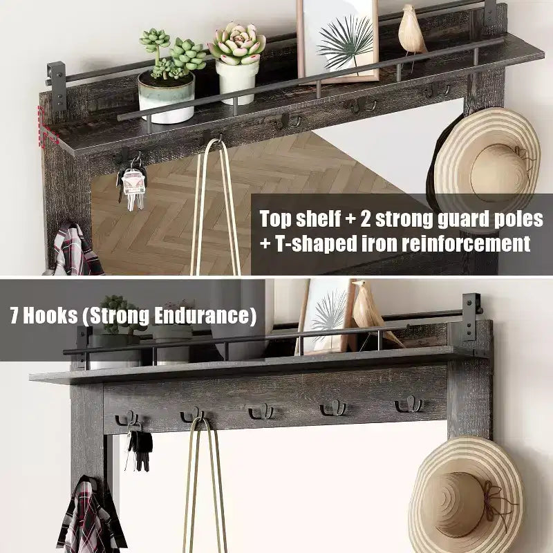 Meuble d'entrée avec banc, rangements à chaussures, 7 patères, 3 tiroirs et double miroir, Blanc