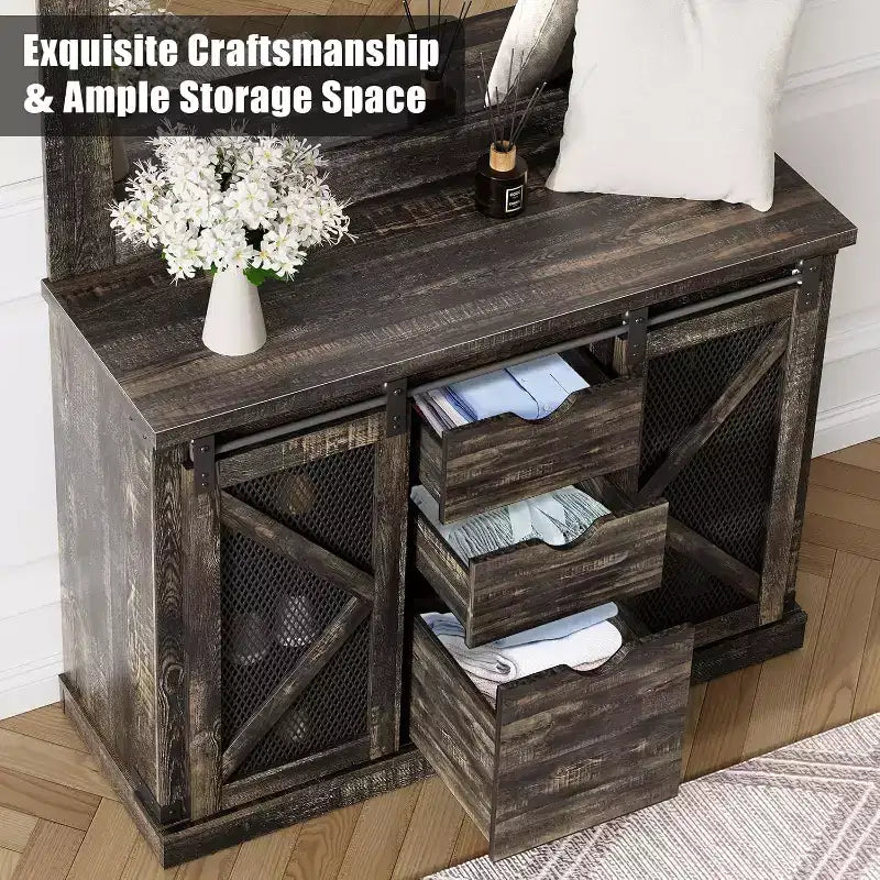 Meuble d'entrée avec banc, rangements à chaussures, 7 patères, 3 tiroirs et double miroir, Blanc