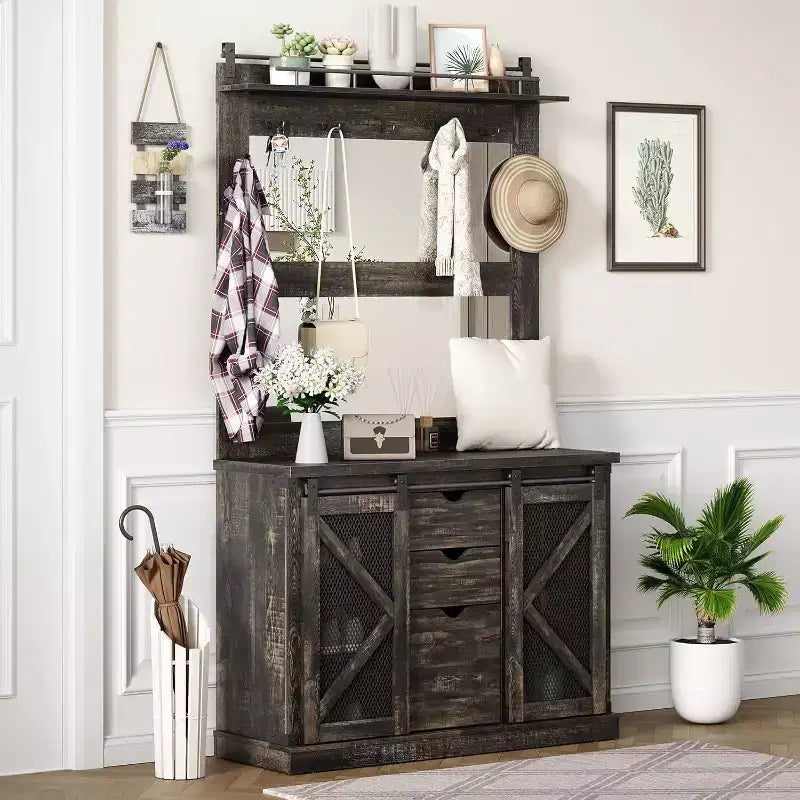 Meuble d'entrée avec banc, rangements à chaussures, 7 patères, 3 tiroirs et double miroir, Blanc