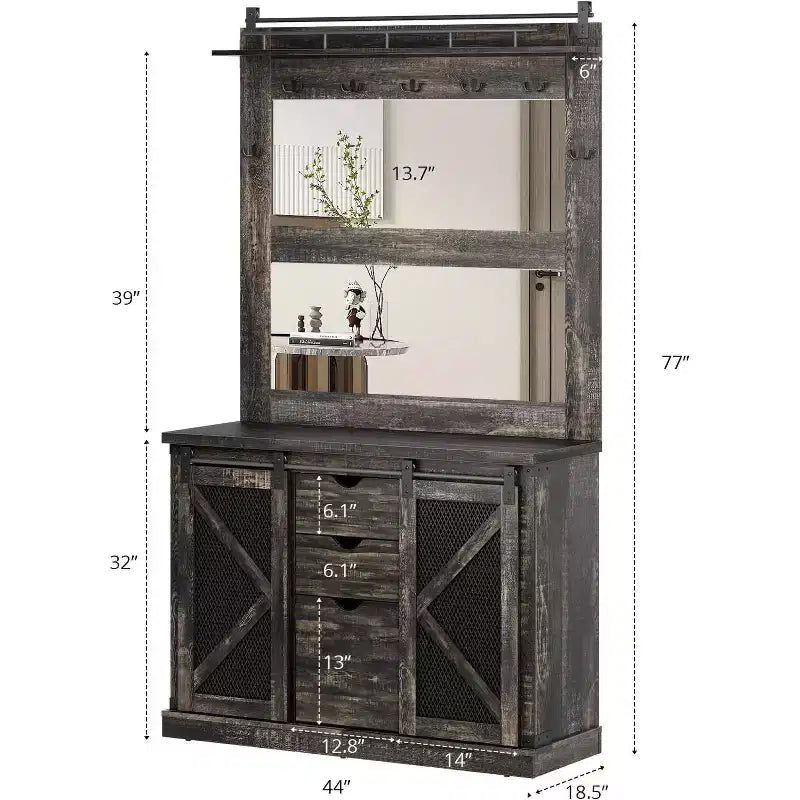 Meuble d'entrée avec banc, rangements à chaussures, 7 patères, 3 tiroirs et double miroir, Blanc