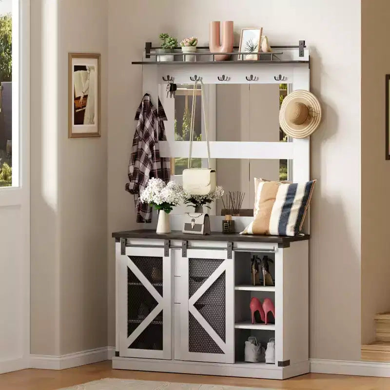 Meuble d'entrée avec banc, rangements à chaussures, 7 patères, 3 tiroirs et double miroir, Blanc