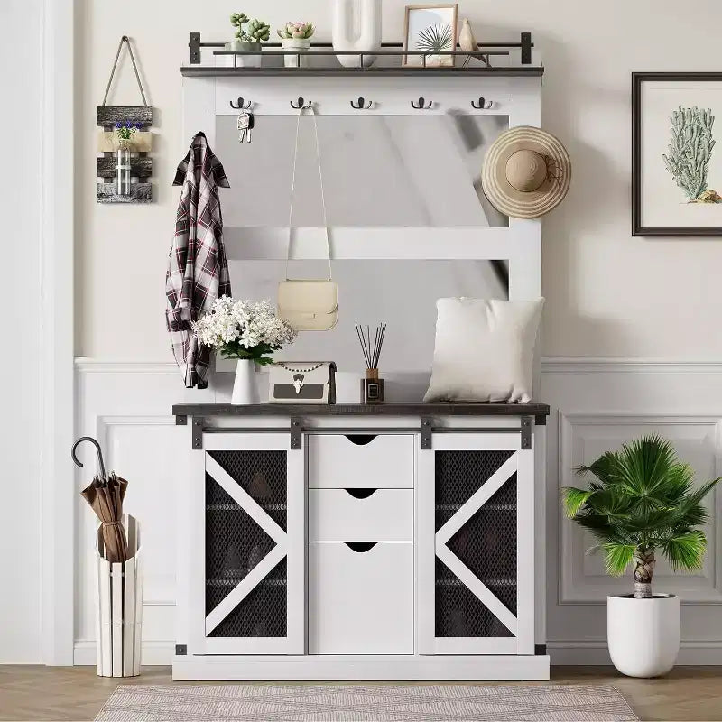 Meuble d'entrée avec banc, rangements à chaussures, 7 patères, 3 tiroirs et double miroir, Blanc