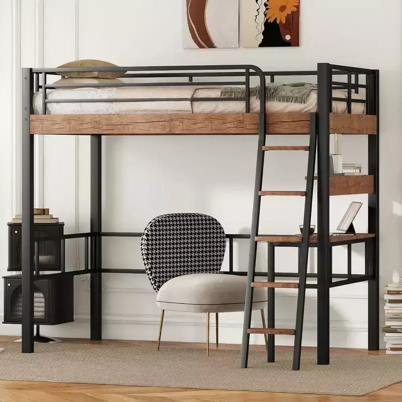 Metal Twin Size Loft Bed with Desk, Twin Loft Bed Frame with Storage Shelves for Kids Teens Bedroom Dorm