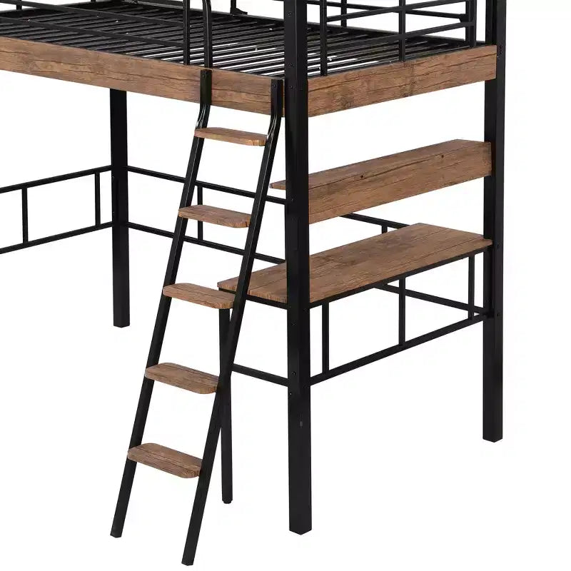 Lit mezzanine double en métal avec bureau, cadre de lit mezzanine double avec étagères de rangement pour chambre d'enfants ou d'adolescents ou dortoir