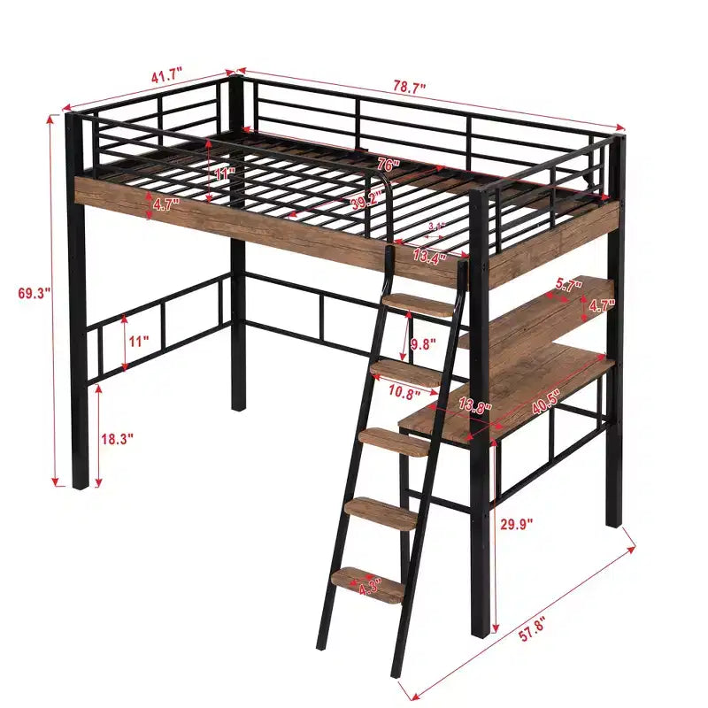 Lit mezzanine double en métal avec bureau, cadre de lit mezzanine double avec étagères de rangement pour chambre d'enfants ou d'adolescents ou dortoir