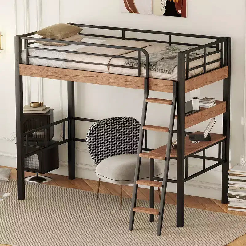 Lit mezzanine double en métal avec bureau, cadre de lit mezzanine double avec étagères de rangement pour chambre d'enfants ou d'adolescents ou dortoir