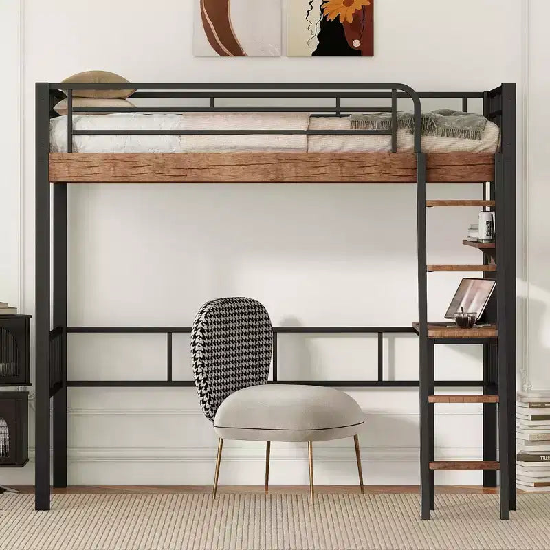 Lit mezzanine double en métal avec bureau, cadre de lit mezzanine double avec étagères de rangement pour chambre d'enfants ou d'adolescents ou dortoir