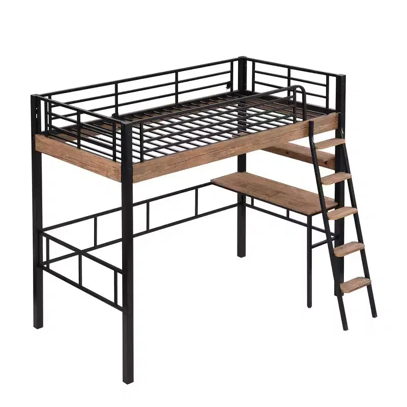 Lit mezzanine double en métal avec bureau, cadre de lit mezzanine double avec étagères de rangement pour chambre d'enfants ou d'adolescents ou dortoir