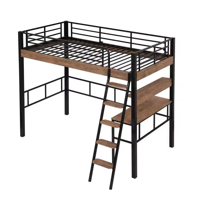 Lit mezzanine double en métal avec bureau, cadre de lit mezzanine double avec étagères de rangement pour chambre d'enfants ou d'adolescents ou dortoir