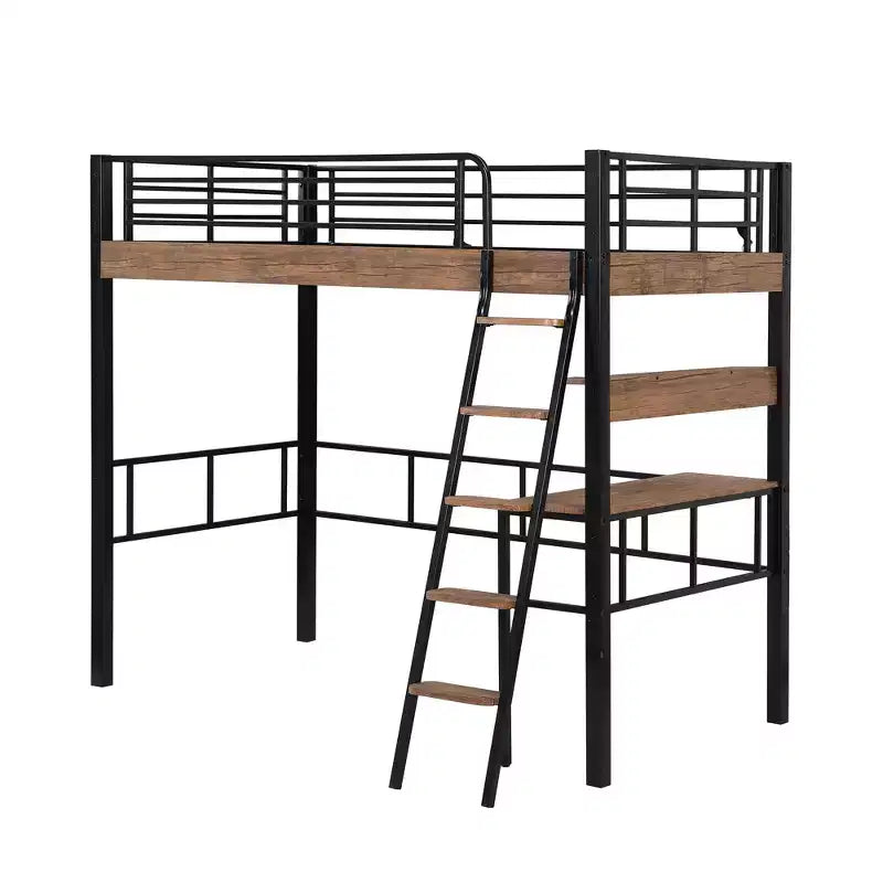 Lit mezzanine double en métal avec bureau, cadre de lit mezzanine double avec étagères de rangement pour chambre d'enfants ou d'adolescents ou dortoir