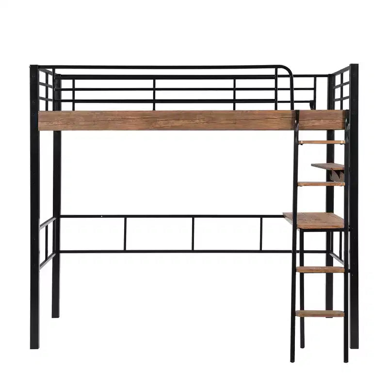 Lit mezzanine double en métal avec bureau, cadre de lit mezzanine double avec étagères de rangement pour chambre d'enfants ou d'adolescents ou dortoir