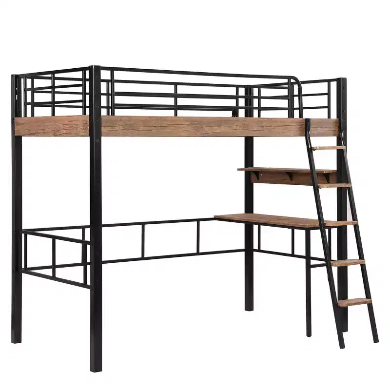 Lit mezzanine double en métal avec bureau, cadre de lit mezzanine double avec étagères de rangement pour chambre d'enfants ou d'adolescents ou dortoir