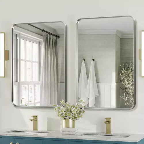Miroir mural rectangulaire arrondi en alliage d'aluminium de 50x32 pouces, argenté par galvanoplastie