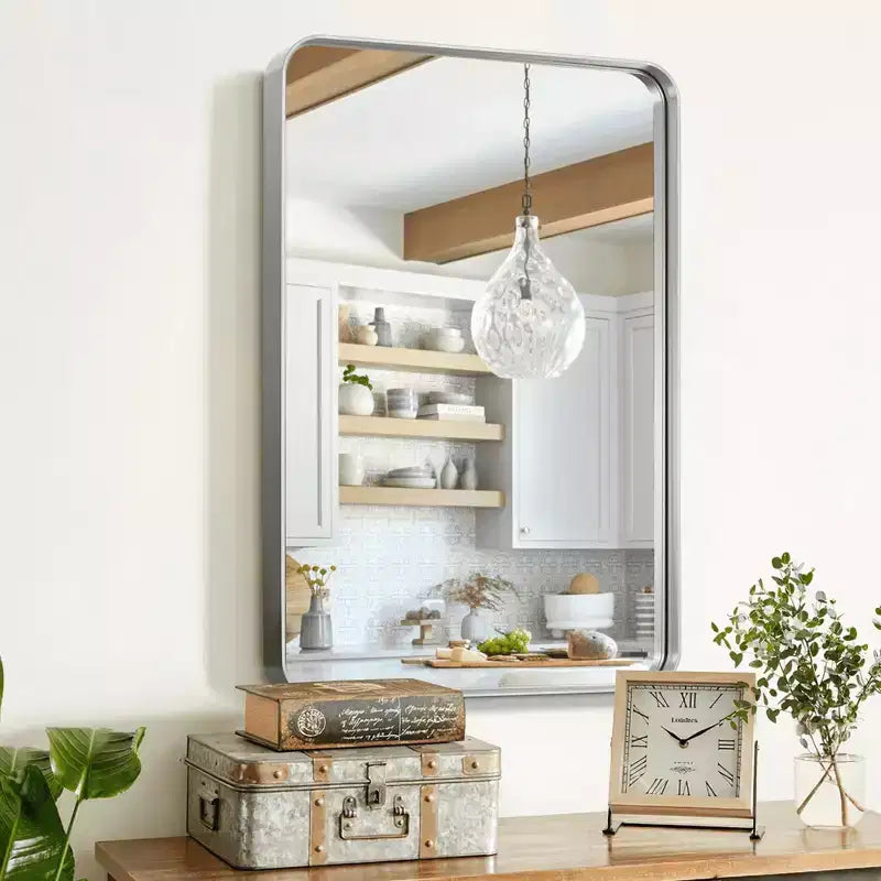 Miroir mural rectangulaire arrondi en alliage d'aluminium de 50x32 pouces, argenté par galvanoplastie