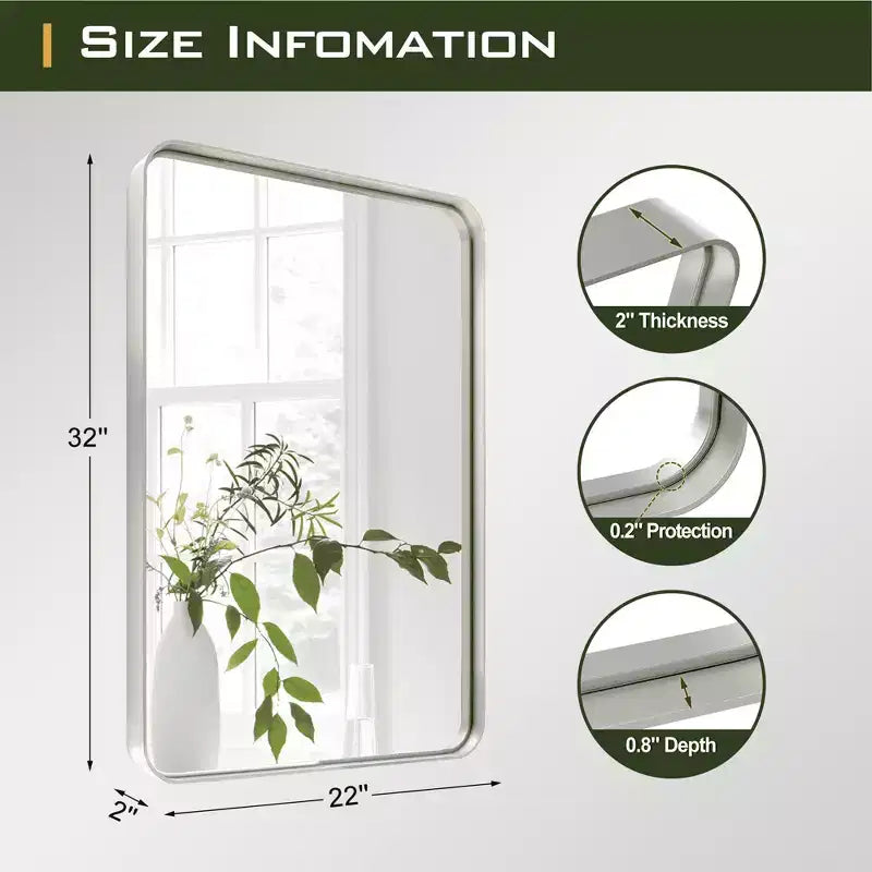 Miroir mural rectangulaire arrondi en alliage d'aluminium de 50x32 pouces, argenté par galvanoplastie