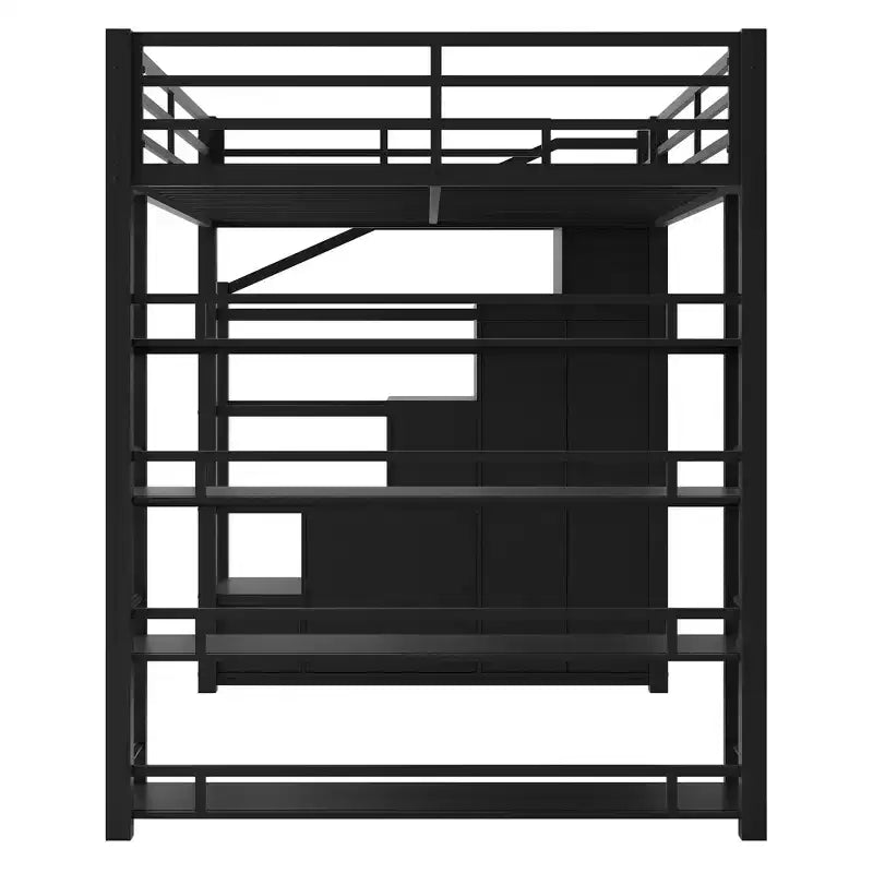 Lit mezzanine en métal pleine grandeur avec étagères de rangement, cadre de lit mezzanine robuste avec escalier, armoires et penderie, noir