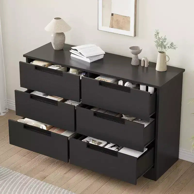 Commode à 6 tiroirs pour chambre à coucher, meuble de rangement avec poignées, organiseur en bois pour salon, chambre d'enfant, couloir, noir