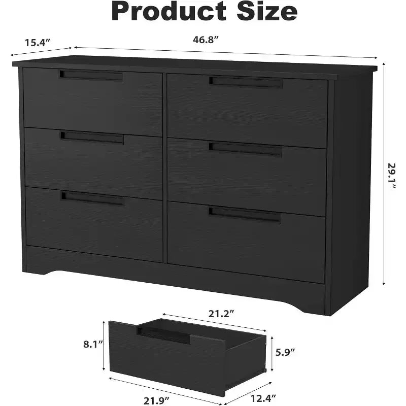 Commode à 6 tiroirs pour chambre à coucher, meuble de rangement avec poignées, organiseur en bois pour salon, chambre d'enfant, couloir, noir