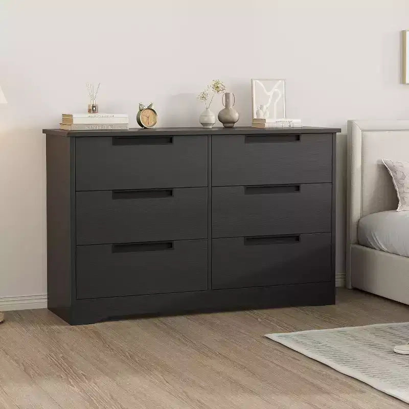 Commode à 6 tiroirs pour chambre à coucher, meuble de rangement avec poignées, organiseur en bois pour salon, chambre d'enfant, couloir, noir
