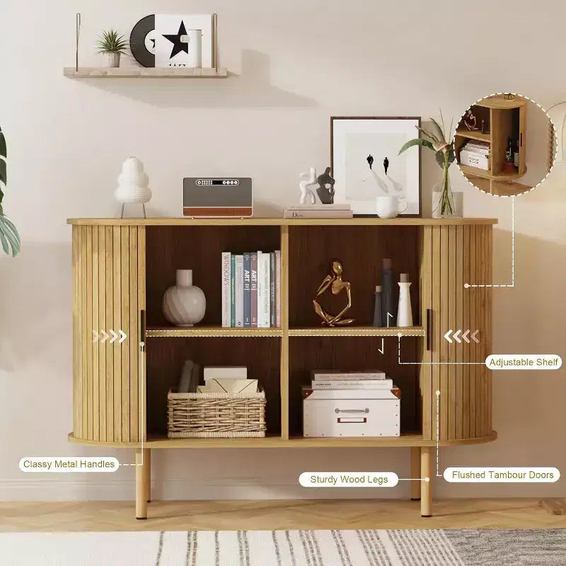 Meuble de rangement cannelé de 47 pouces avec portes coulissantes et étagères réglables, Console