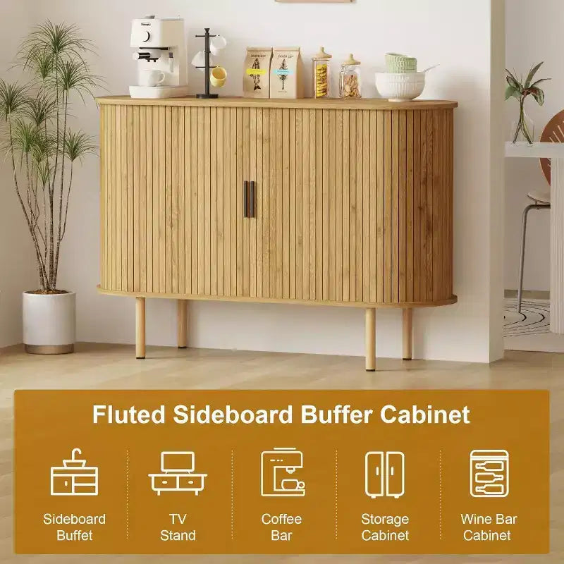 Meuble de rangement cannelé de 47 pouces avec portes coulissantes et étagères réglables, Console