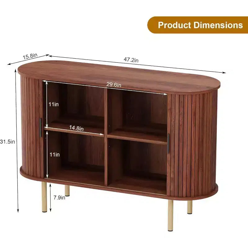 Meuble de rangement cannelé de 47 pouces avec portes coulissantes et étagères réglables, Console