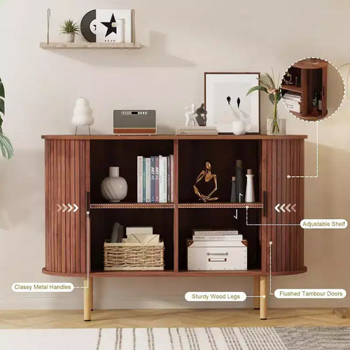 Meuble de rangement cannelé de 47 pouces avec portes coulissantes et étagères réglables, Console