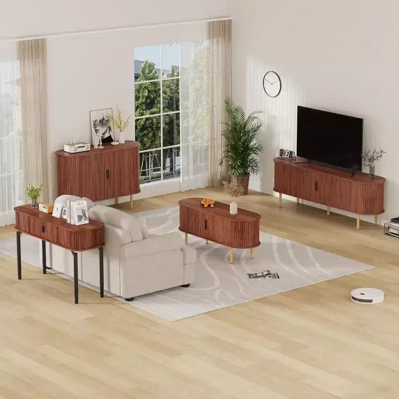 Meuble de rangement cannelé de 47 pouces avec portes coulissantes et étagères réglables, Console