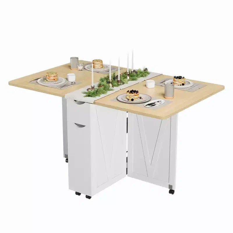 Table à manger pliante pour petits espaces, table à abattants multifonctionnelle avec armoire de rangement, tiroir et roulettes, 4 places, îlot de cuisine peu encombrant