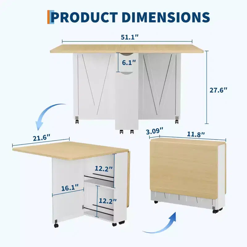 Table à manger pliante pour petits espaces, table à abattants multifonctionnelle avec armoire de rangement, tiroir et roulettes, 4 places, îlot de cuisine peu encombrant
