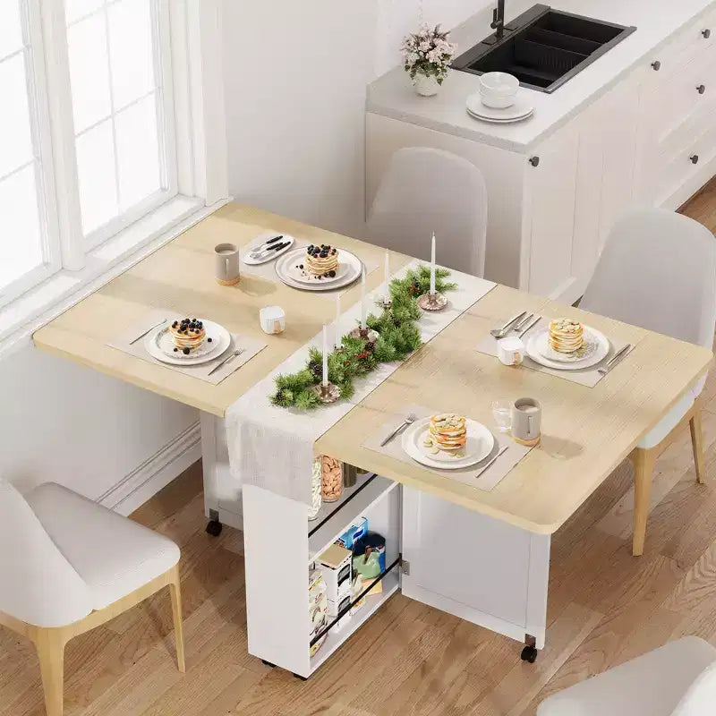 Table à manger pliante pour petits espaces, table à abattants multifonctionnelle avec armoire de rangement, tiroir et roulettes, 4 places, îlot de cuisine peu encombrant