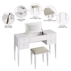 Coiffeuse de 120 cm avec lumières, tabouret, plateau relevable et miroir pour chambre à coucher