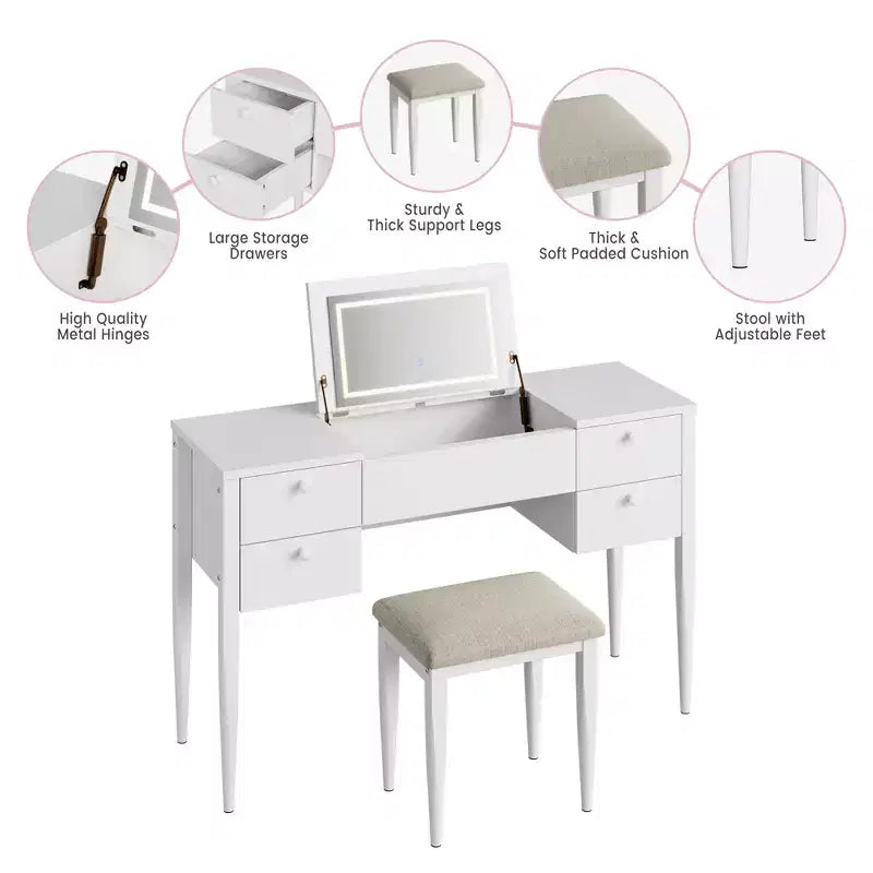 Coiffeuse de 120 cm avec lumières, tabouret, plateau relevable et miroir pour chambre à coucher