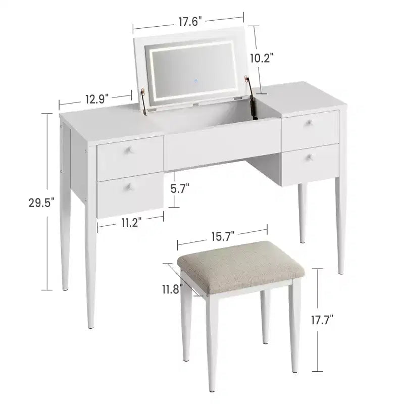 Coiffeuse de 120 cm avec lumières, tabouret, plateau relevable et miroir pour chambre à coucher