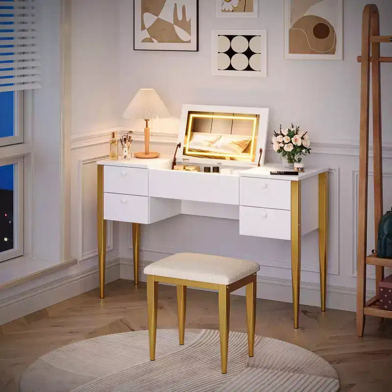 Coiffeuse de 120 cm avec lumières, tabouret, plateau relevable et miroir pour chambre à coucher