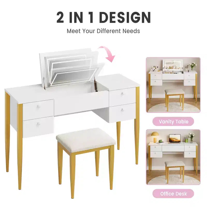 Coiffeuse de 120 cm avec lumières, tabouret, plateau relevable et miroir pour chambre à coucher