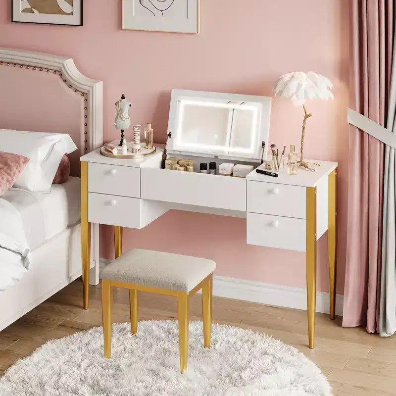Coiffeuse de 120 cm avec lumières, tabouret, plateau relevable et miroir pour chambre à coucher