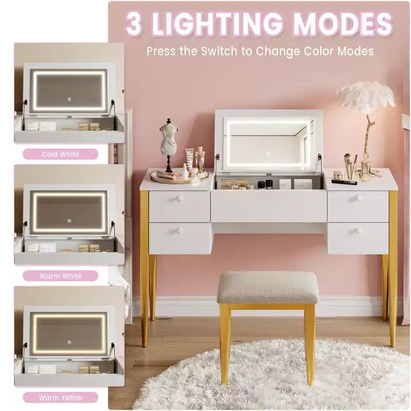 Coiffeuse de 120 cm avec lumières, tabouret, plateau relevable et miroir pour chambre à coucher
