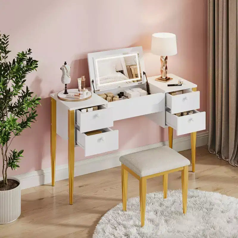 47.2 Makeup Vanity Desk with Lights, Stool, Flip Top and Mirror for Bedroom