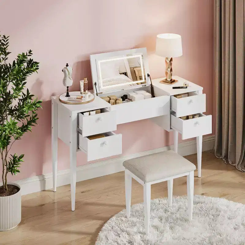 Coiffeuse de 120 cm avec lumières, tabouret, plateau relevable et miroir pour chambre à coucher