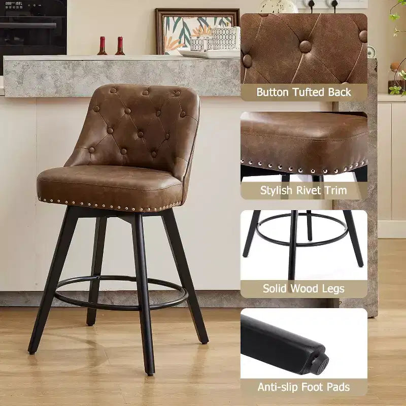 Tabourets de bar pivotants modernes à hauteur de comptoir avec assise rembourrée, pieds en bois et repose-pieds pour îlot de cuisine, salle à manger, bar à la maison