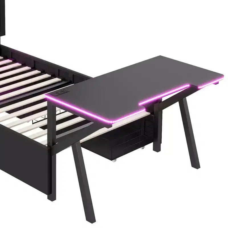Lit simple gaming avec bureau, lumières LED et tiroirs de rangement, cadre en métal, noir