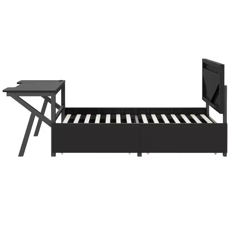 Lit simple gaming avec bureau, lumières LED et tiroirs de rangement, cadre en métal, noir