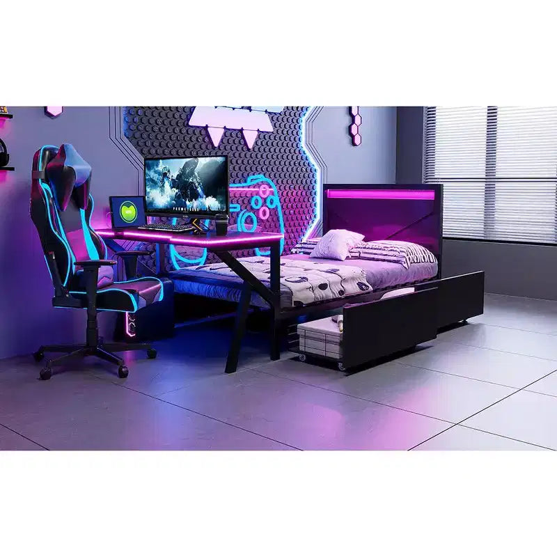 Lit simple gaming avec bureau, lumières LED et tiroirs de rangement, cadre en métal, noir