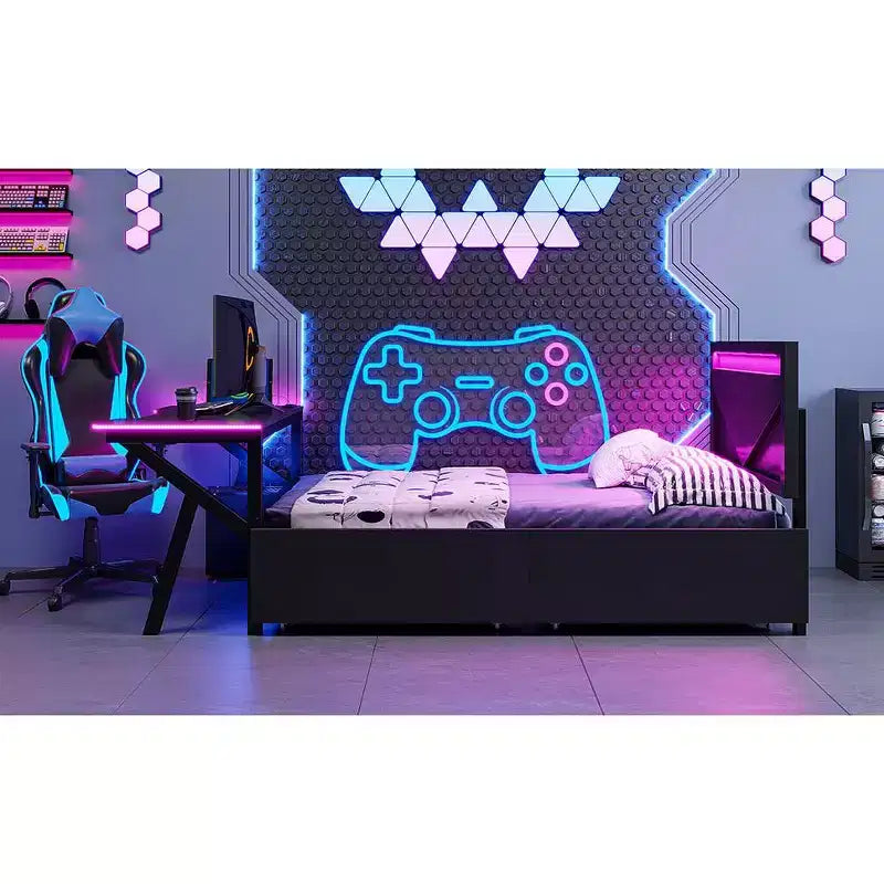 Lit simple gaming avec bureau, lumières LED et tiroirs de rangement, cadre en métal, noir
