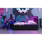 Lit simple gaming avec bureau, lumières LED et tiroirs de rangement, cadre en métal, noir