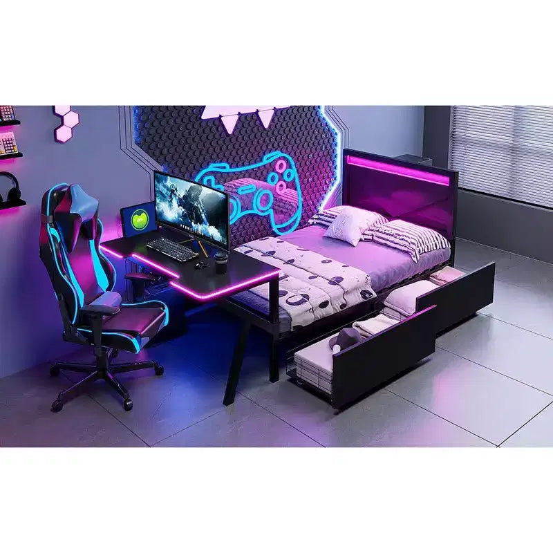 Lit simple gaming avec bureau, lumières LED et tiroirs de rangement, cadre en métal, noir